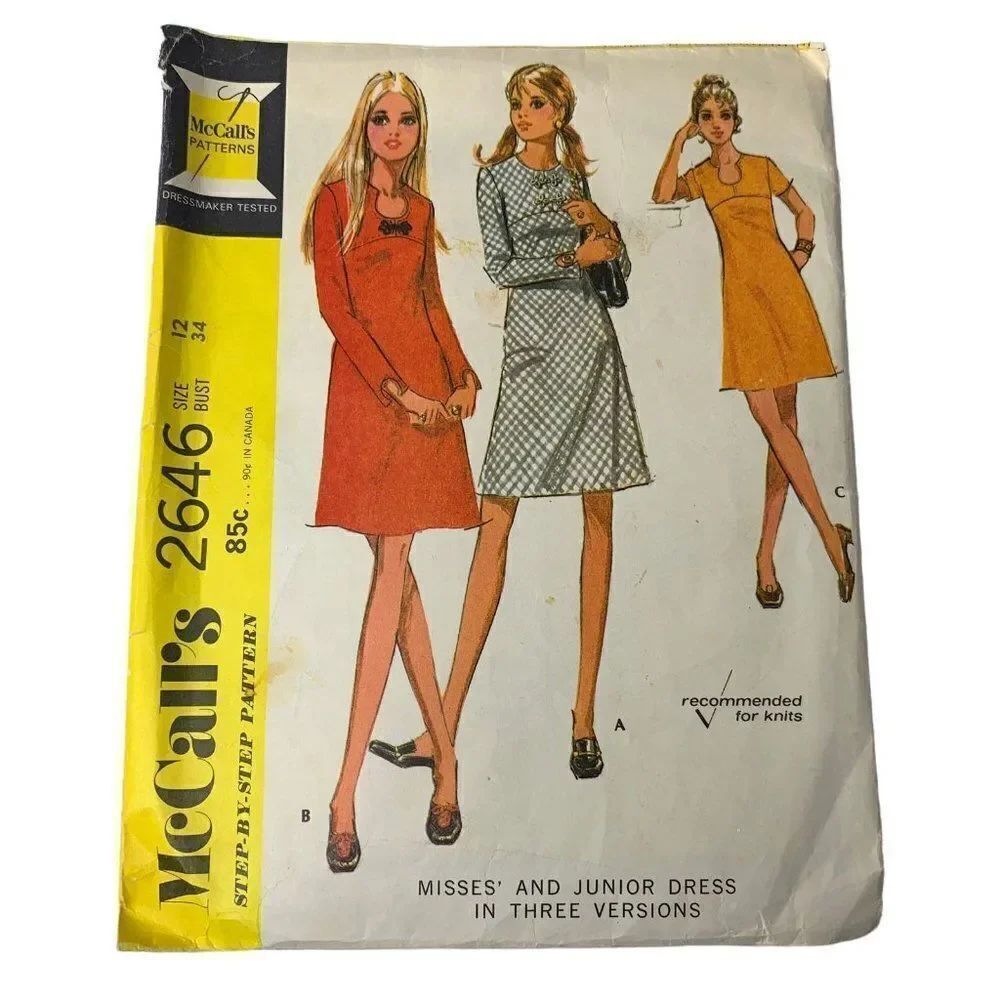 Vintage 70s McCalls 2646 Pattern Junior Misses 8-16 Dress Three Versions Cut